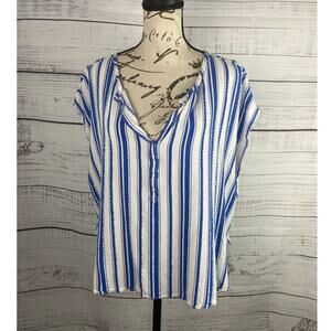 Nottibianche Top Womens 1X Blue White Striped Split Neck Short Sleeves Boxy